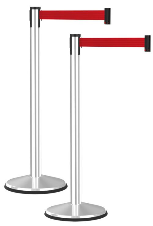 The Visiontron Prime Polished Stainless Steel Crowd Control Barrier Post Set of 2, with a 10′ red belt and black end caps, stands side by side for perfect crowd control.