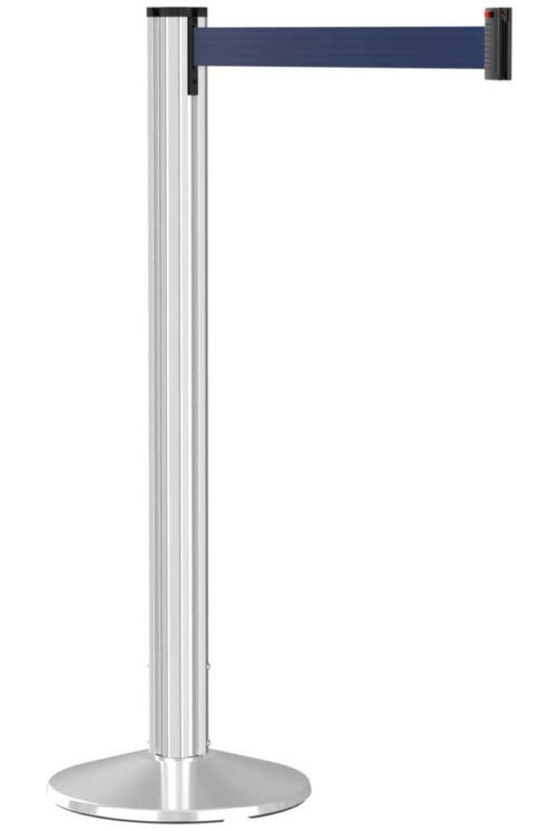 grooved-polished-aluminum-retractable-blue-belt-post.jpg The Visiontron Grooved Polished Aluminum Post Retractable Belt Stanchion features a 9 blue belt extending horizontally, perfect for crowd control with its stable circular base and sleek design.