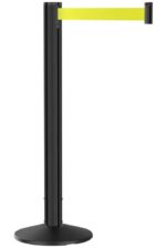 The Visiontron Grooved Black Post Retractable Belt Stanchion, 9 Belt, offers a yellow belt for crowd control or queue management and features a sleek circular base for added stability and style.