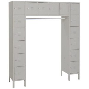 A U-shaped arrangement of beige metal lockers, featuring two vertical columns and a connected top row, creating an open space in the center. Each locker has a small ventilation slot and a latch for securing with a padlock.