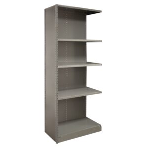 A tall, gray metal shelving unit with five adjustable shelves. The unit is empty and stands upright, showing its sturdy construction and simple design. The sides have a series of holes for shelf adjustment.