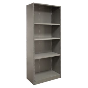 A tall, gray metal shelving unit with four adjustable shelves, featuring a simple, industrial design. The shelving is empty and freestanding, suited for organizing items in a garage, warehouse, or office space.