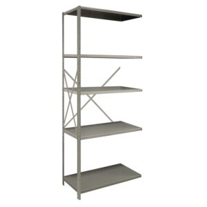 A tall, metal shelving unit with five adjustable shelves, designed for storage or organization. The structure is grey, featuring an open back with cross-bracing for support.
