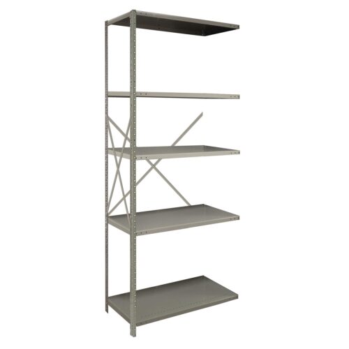 A tall, metal shelving unit with five adjustable shelves, designed for storage or organization. The structure is grey, featuring an open back with cross-bracing for support.