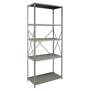A metal shelving unit with five adjustable shelves. The frame is made of gray steel, and it features an open-back design with diagonal support bars for stability. The shelves are evenly spaced and suitable for storage.