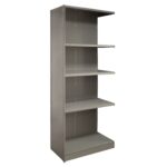 A tall, gray metal shelving unit with four adjustable shelves, designed for storage. The shelves are evenly spaced, and the unit has a minimalistic and industrial appearance.