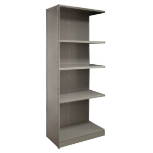 A tall, gray metal shelving unit with four adjustable shelves, designed for storage. The shelves are evenly spaced, and the unit has a minimalistic and industrial appearance.