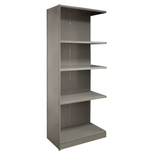 A tall, gray metal shelving unit with four adjustable shelves, designed for storage. The shelves are evenly spaced, and the unit has a minimalistic and industrial appearance.