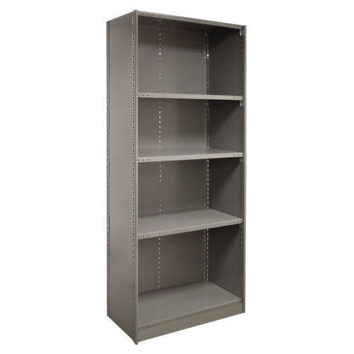 A gray industrial metal shelving unit with four adjustable shelves. The shelves are empty and the unit has a simple, sturdy design, suitable for storage or organization in various environments.