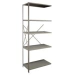 A tall, empty metal shelving unit with five shelves. It has a simple design with vertical supports and cross-bracing at the back. The shelves are evenly spaced, providing ample storage space. The metal is painted in a neutral gray color.