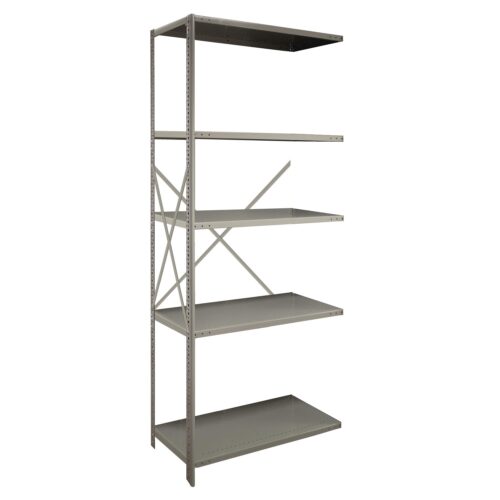A tall, empty metal shelving unit with five shelves. It has a simple design with vertical supports and cross-bracing at the back. The shelves are evenly spaced, providing ample storage space. The metal is painted in a neutral gray color.