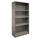 A gray metal shelving unit with four adjustable shelves, designed for storage. The shelves are evenly spaced and the unit has a simple, industrial appearance, suitable for organizing items in a home, office, or warehouse setting.