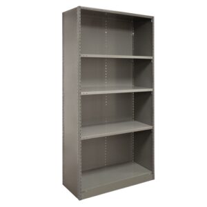 A gray metal shelving unit with four adjustable shelves, designed for storage. The shelves are evenly spaced and the unit has a simple, industrial appearance, suitable for organizing items in a home, office, or warehouse setting.