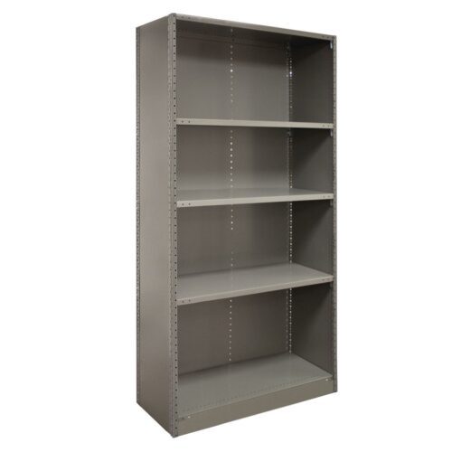 A gray metal shelving unit with four adjustable shelves, designed for storage. The shelves are evenly spaced and the unit has a simple, industrial appearance, suitable for organizing items in a home, office, or warehouse setting.