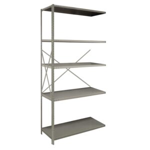 Metal shelving unit with five adjustable shelves and a cross-brace for stability. Shelves are evenly spaced and the unit is designed for storage and organization. The color is a neutral gray.