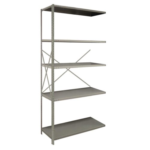 lyon-2000-series-48-inch-wide-5-shelf-angle-post-open-shelving-add-on.jpg Metal shelving unit with five adjustable shelves and a cross-brace for stability. Shelves are evenly spaced and the unit is designed for storage and organization. The color is a neutral gray.