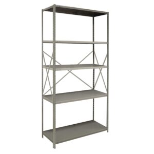 A metal shelving unit with four evenly spaced shelves and crossed support bars on the back. The structure is painted in a muted grey color, suitable for storage in garages, warehouses, or industrial settings.