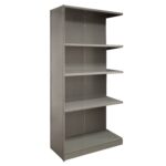 Gray metal shelving unit with four adjustable shelves and a solid base. The shelves are empty, and the unit has a simple, industrial design suitable for storage or organizational use.