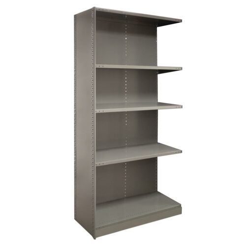 Gray metal shelving unit with four adjustable shelves and a solid base. The shelves are empty, and the unit has a simple, industrial design suitable for storage or organizational use.