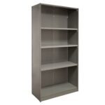 A gray metal bookshelf with four adjustable shelves, standing upright. The shelves are empty, and the unit has a simple, industrial design.
