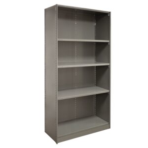 A gray metal bookshelf with four adjustable shelves, standing upright. The shelves are empty, and the unit has a simple, industrial design.