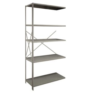 A tall, metal shelving unit with five evenly spaced, adjustable shelves. The frame is sturdy with visible support bars on the back. The shelves are empty, showcasing the units storage capacity. The design is simple and industrial.