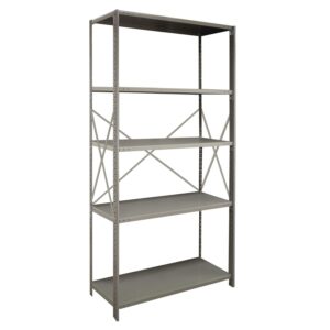 A gray metal shelving unit with four adjustable shelves and cross-bracing for support. The shelves are empty.