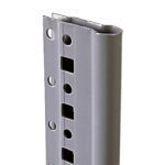 Close-up of a gray metal post with a hollow, square cross-section, ideal for enhancing workplace safety. It features evenly spaced round and square holes along its length, commonly used for mounting signs or supports.