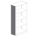 Illustration of a tall, rectangular bookshelf with four evenly spaced shelves. The bookshelf is shown in a simple, monochrome style with a grey side panel and no items on the shelves.