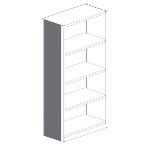 Illustration of a tall, rectangular bookshelf with four evenly spaced shelves. The bookshelf is shown in a simple, monochrome style with a grey side panel and no items on the shelves.