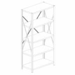 Illustration of a tall, five-shelf open metal storage rack. It has cross-bracing on the back for stability and a simple, minimalist design.