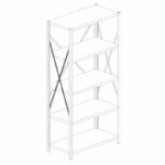 Line drawing of a five-shelf metal bookcase with an X-brace at the back for support. The design is minimalistic and structural, showcasing the open shelves and sturdy frame.