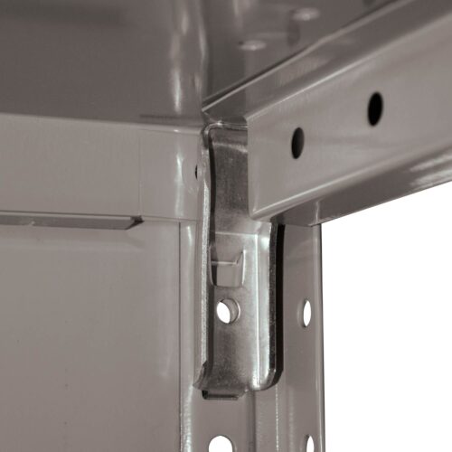 Close-up of a metal shelving bracket with multiple holes for adjustable shelving. The bracket is attached to a grey metal frame, showing its sturdy construction and design for support and flexibility in positioning.