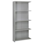 A tall, gray metal shelving unit with five evenly spaced shelves. The shelves are empty, and the unit is positioned against a plain white background.