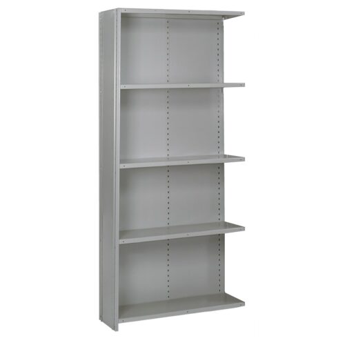 A tall, gray metal shelving unit with five evenly spaced shelves. The shelves are empty, and the unit is positioned against a plain white background.