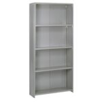 A tall, gray metal shelving unit with four adjustable shelves and an open back. The shelves are empty, and the unit stands on a white background.