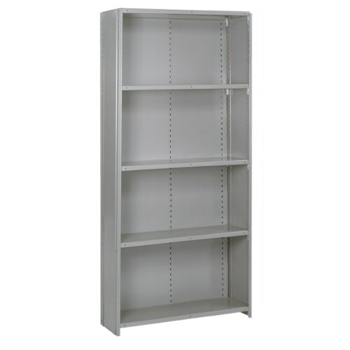 lyon-8000-series-36-inch-wide-5-shelf-closed-shelving-starter.jpg A tall, gray metal shelving unit with four adjustable shelves and an open back. The shelves are empty, and the unit stands on a white background.