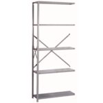 A metal shelving unit with five flat, rectangular shelves. The structure features a cross-brace for stability on the back. The design is minimalist, with a silver-metallic finish, and is set against a plain white background.
