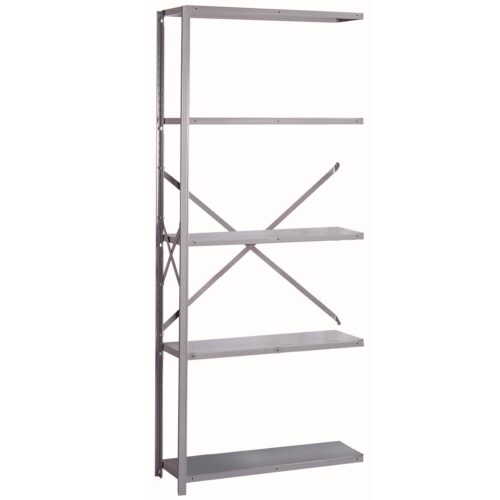 A metal shelving unit with five flat, rectangular shelves. The structure features a cross-brace for stability on the back. The design is minimalist, with a silver-metallic finish, and is set against a plain white background.