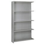 A tall, gray, metal bookshelf with five adjustable shelves. The shelves are evenly spaced and the unit is designed for use in an office or storage setting. The background is plain white.