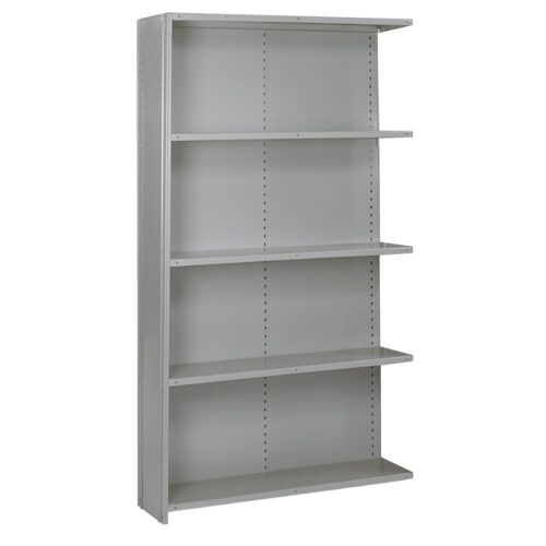 A tall, gray, metal bookshelf with five adjustable shelves. The shelves are evenly spaced and the unit is designed for use in an office or storage setting. The background is plain white.