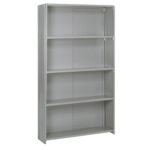 A tall, gray, metal shelving unit with five adjustable shelves, designed for storage or organization. The shelves are evenly spaced and the unit has a simple, industrial look.