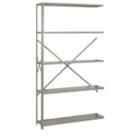 A metal shelving unit with five shelves and a vertical support structure. The unit has cross-bracing for stability and is shown against a plain white background.