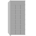 Illustration of a tall, rectangular shelving unit with five evenly spaced shelves. The shelves are viewed from an angle, showing the side and front. The unit is plain, with a minimalist design.