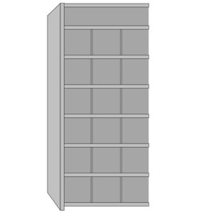 Illustration of a tall, rectangular shelving unit with five evenly spaced shelves. The shelves are viewed from an angle, showing the side and front. The unit is plain, with a minimalist design.