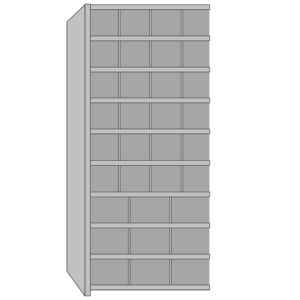 Illustration of a tall, gray bookcase with nine shelves, each divided into three sections. The bookcase is shown from a side angle, highlighting its rectangular structure and uniform design.