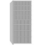 Illustration of a tall, rectangular shelf unit with multiple horizontal shelves, perfect for evidence storage. The structure is gray and appears to be made of solid panels, showing both side and front views.