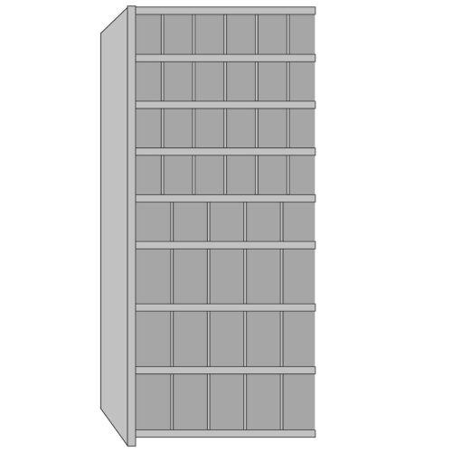 Illustration of a tall, rectangular shelf unit with multiple horizontal shelves, perfect for evidence storage. The structure is gray and appears to be made of solid panels, showing both side and front views.