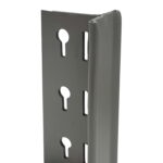 Close-up of a gray metal bracket from the Lyon 8000 Series Steel Shelving T-Post Upright - 2 Pack, showing keyhole-shaped slots along one edge. The 120 dove gray upright appears to have a slightly bent edge with embossed text.
