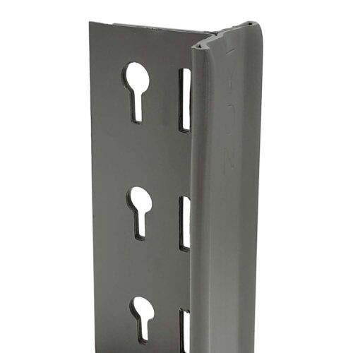 Close-up of a gray metal bracket from the Lyon 8000 Series Steel Shelving T-Post Upright - 2 Pack, showing keyhole-shaped slots along one edge. The 120 dove gray upright appears to have a slightly bent edge with embossed text.
